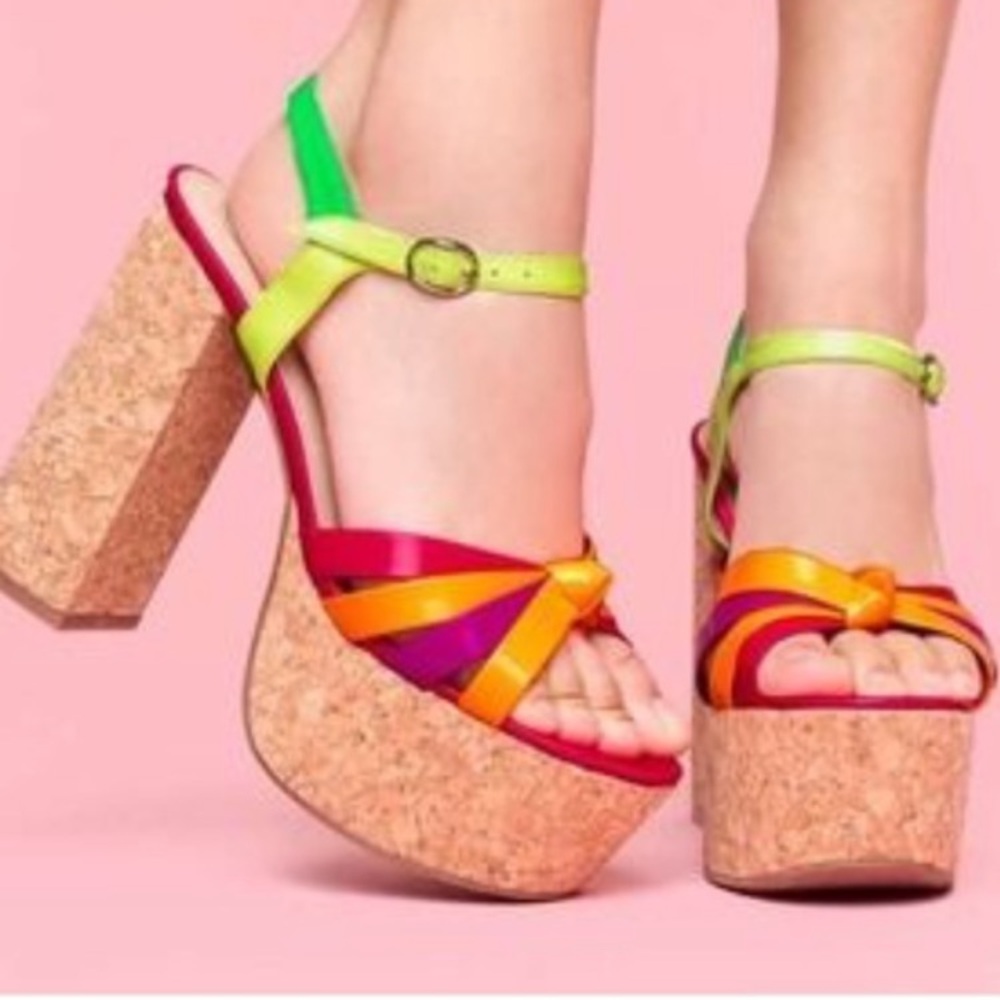 Jeffrey Campbell Happy Cork Heels- neon multicolored straps